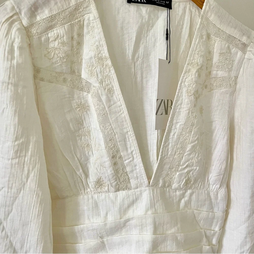 NWT Zara Embroidered Pleated V-neck Blouse in White - M
